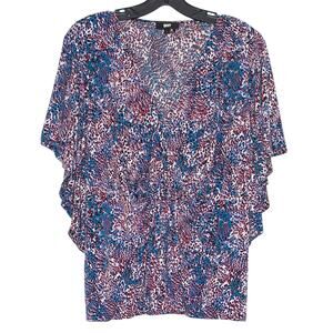 DKNY Boho Flowy Top Leopard Animal Print Abstract V Neck Kimono Sleeve L Resort